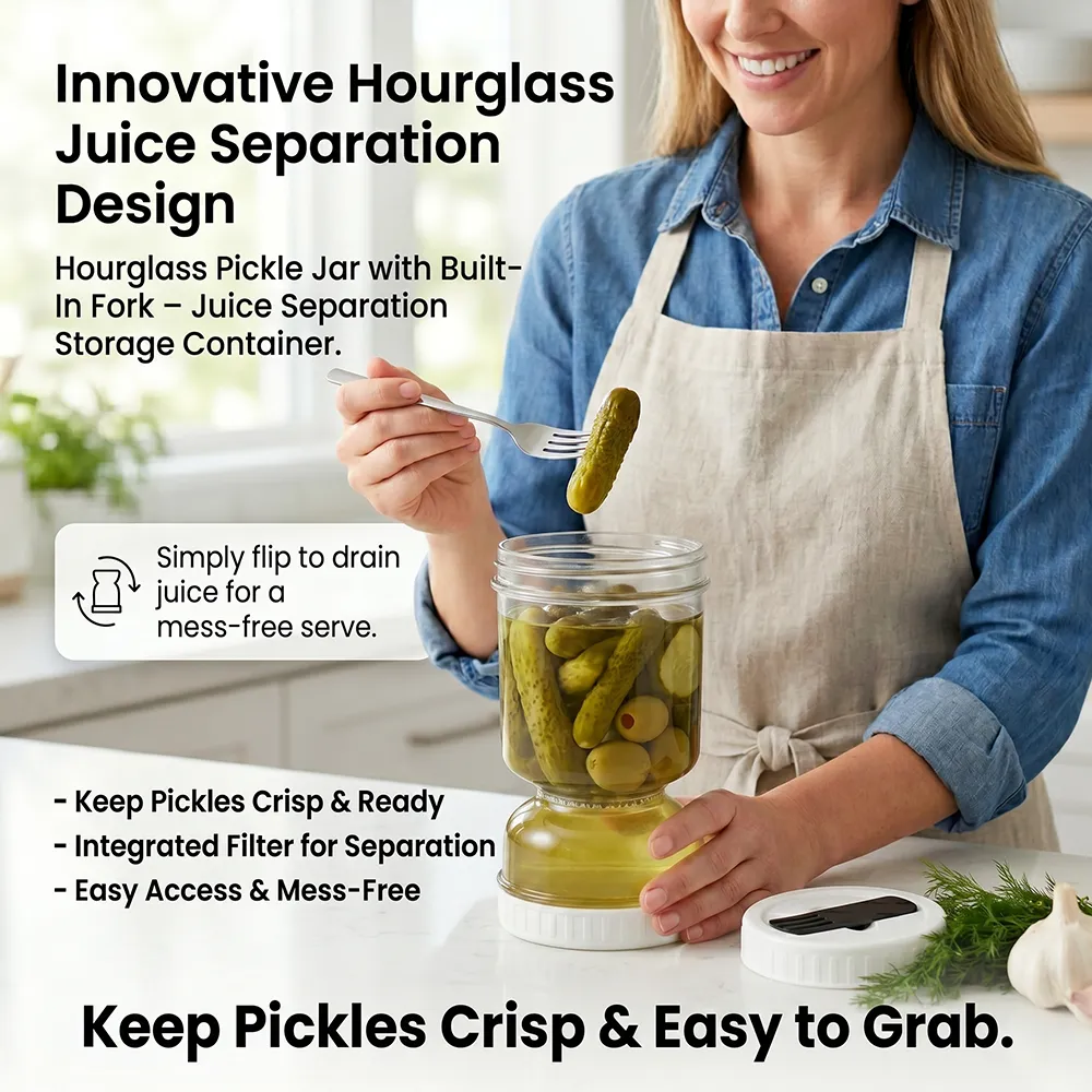 🥗Hourglass Pickle Jar with Built-In Fork – Juice Separation Storage Container