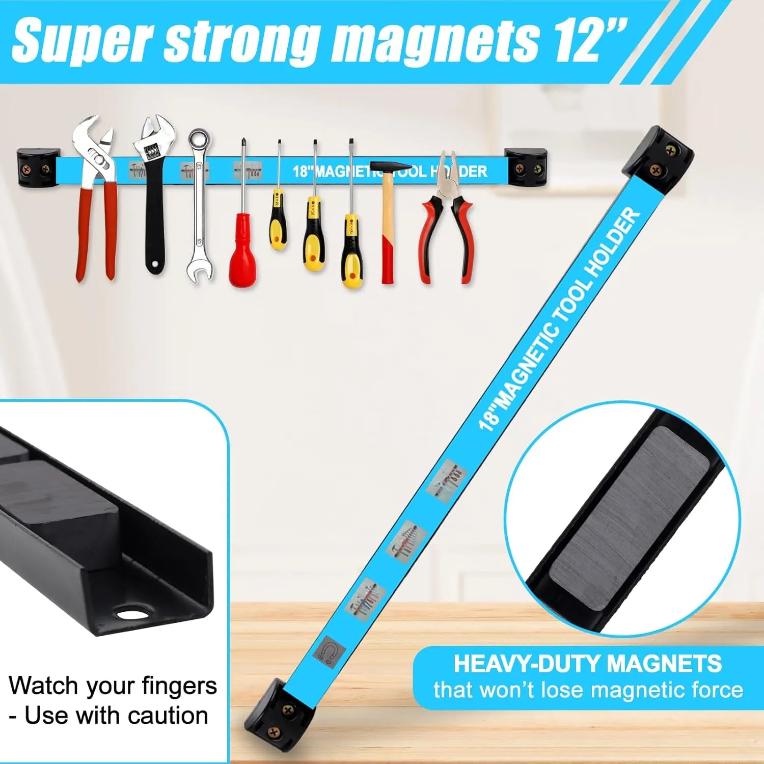 🔧 12" Magnetic Tool Holder – Heavy Duty Wall Mount Bars (Blue)