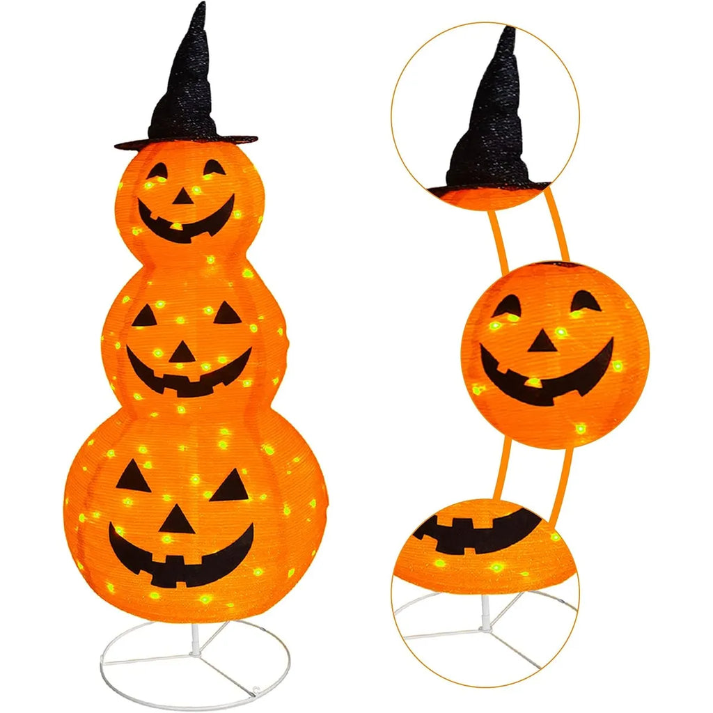 3-Tier Lighted Pumpkin Lantern Stack with Witch Hat