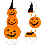 3-Tier Lighted Pumpkin Lantern Stack with Witch Hat