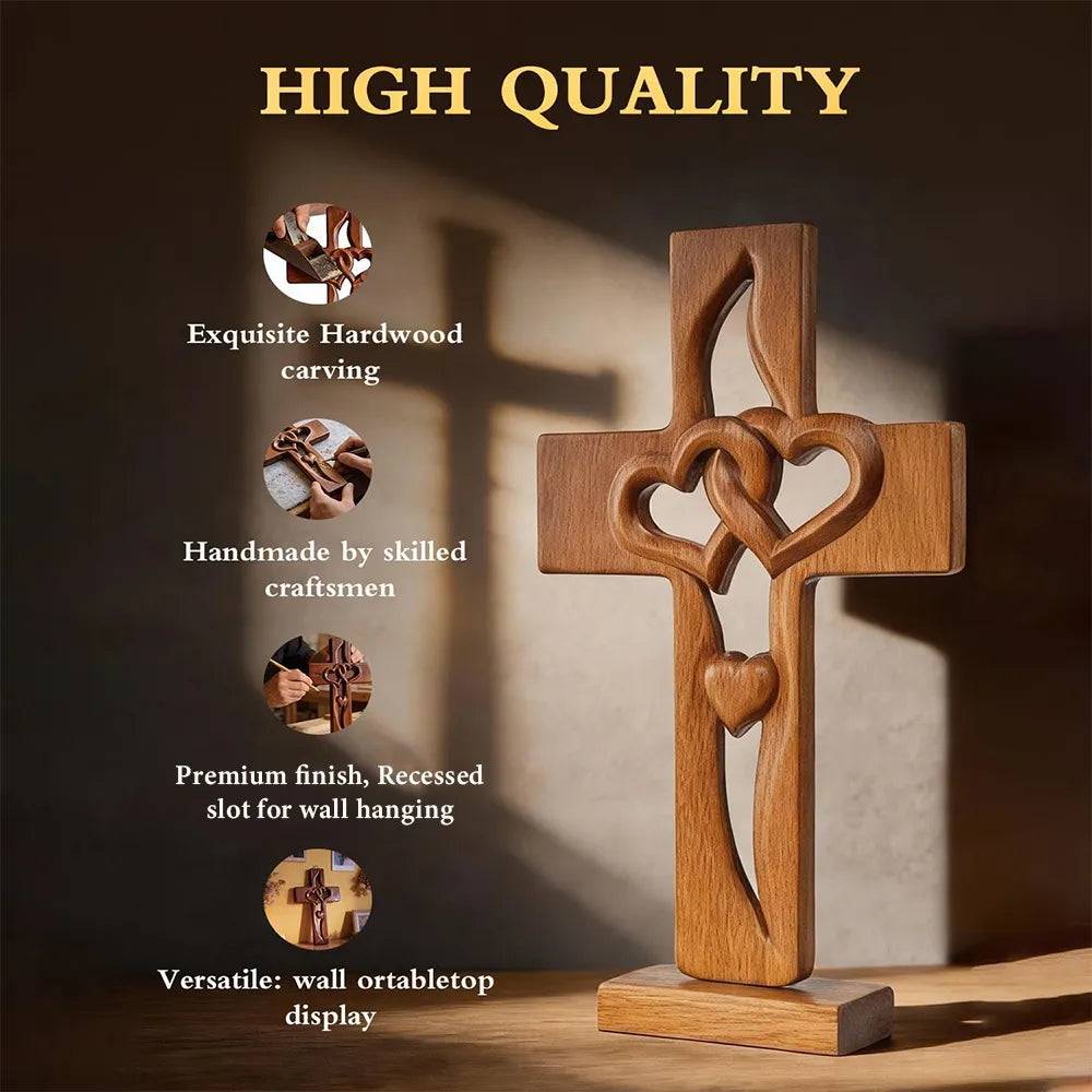 ✝️ Handmade Wooden Double-Heart Cross Wall Decor