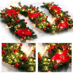 Pre-Lit Christmas Garland with Red Poinsettias & Warm Lights