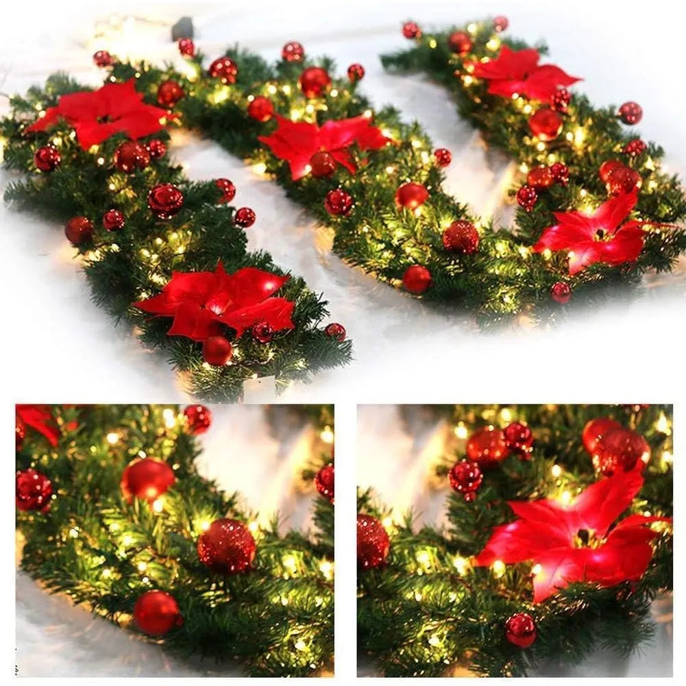 Pre-Lit Christmas Garland with Red Poinsettias & Warm Lights
