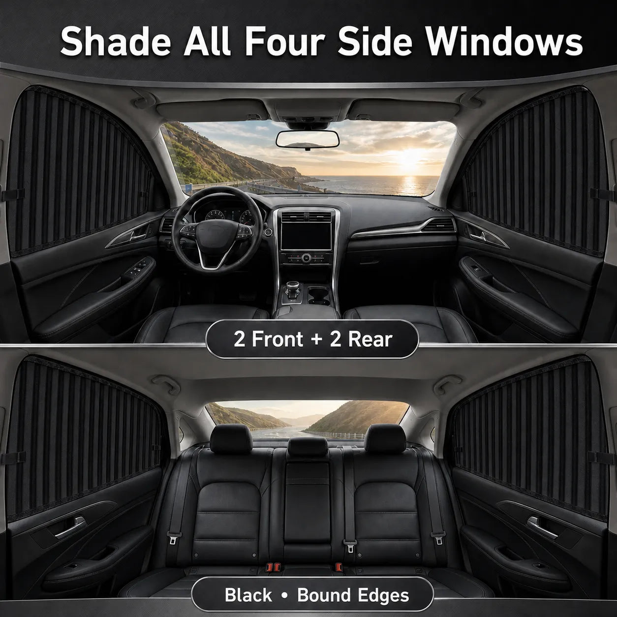 Black curtains installed across front and rear side windows