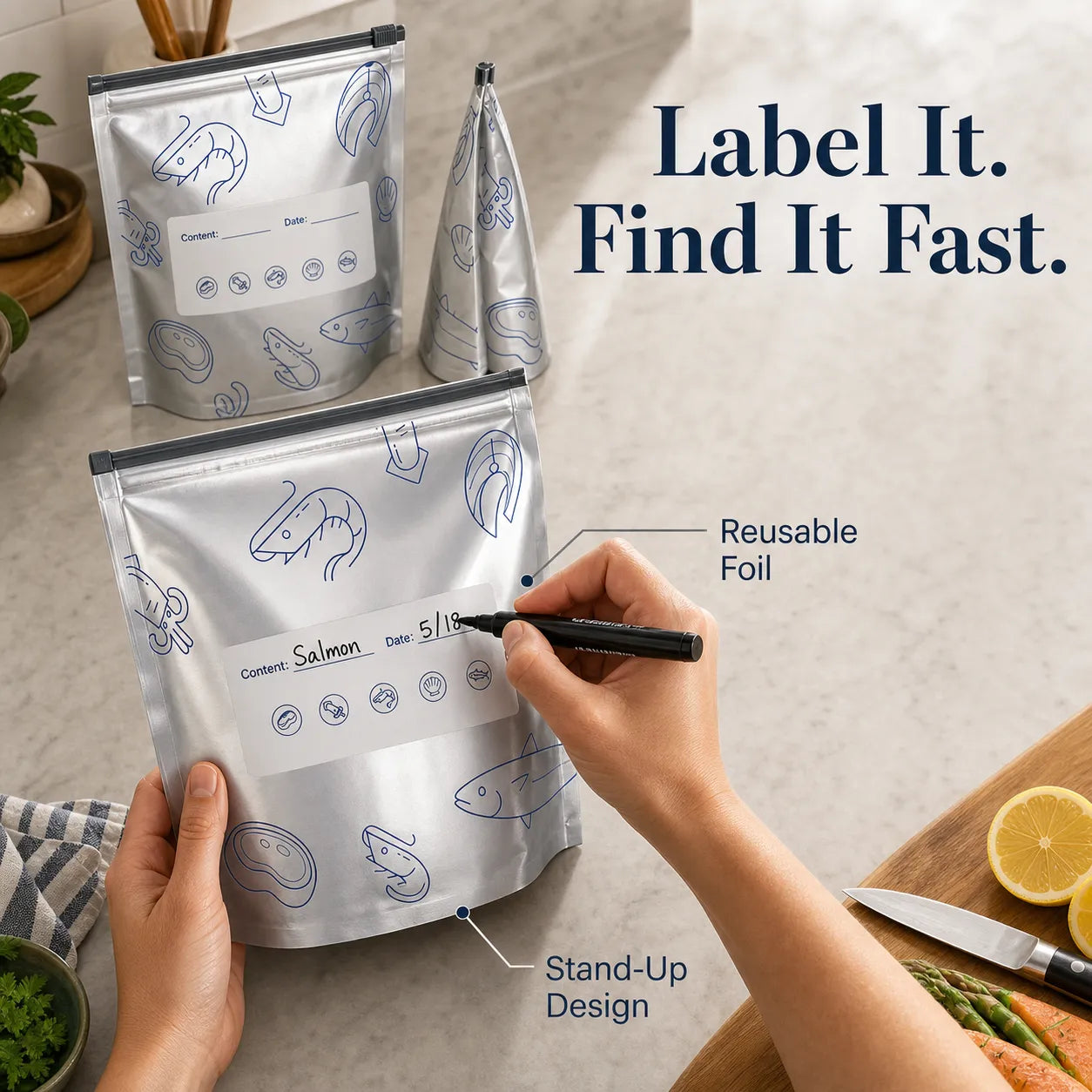 Writing the contents and date on a stand-up reusable foil storage bag
