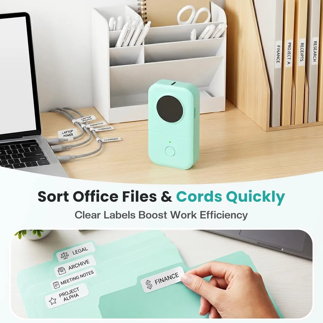 Pocket label printer organizing office cords and files
