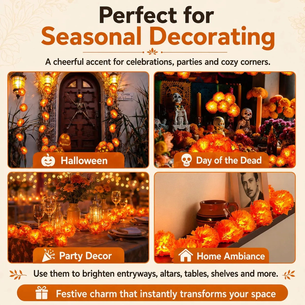 Marigold flower lights used for Halloween, remembrance displays, parties, and home ambiance