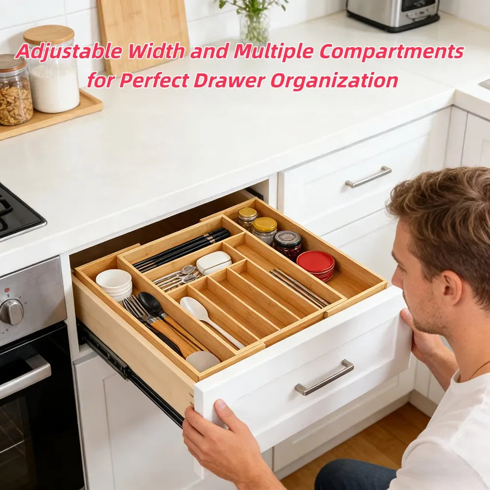 Expandable Bamboo Drawer Organizer – Versatile Compartment Storage🌿🗂️