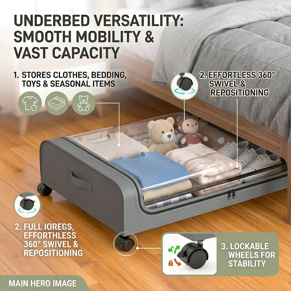 🛏️ Under Bed Storage with Wheels – Large Capacity Organizer Drawer