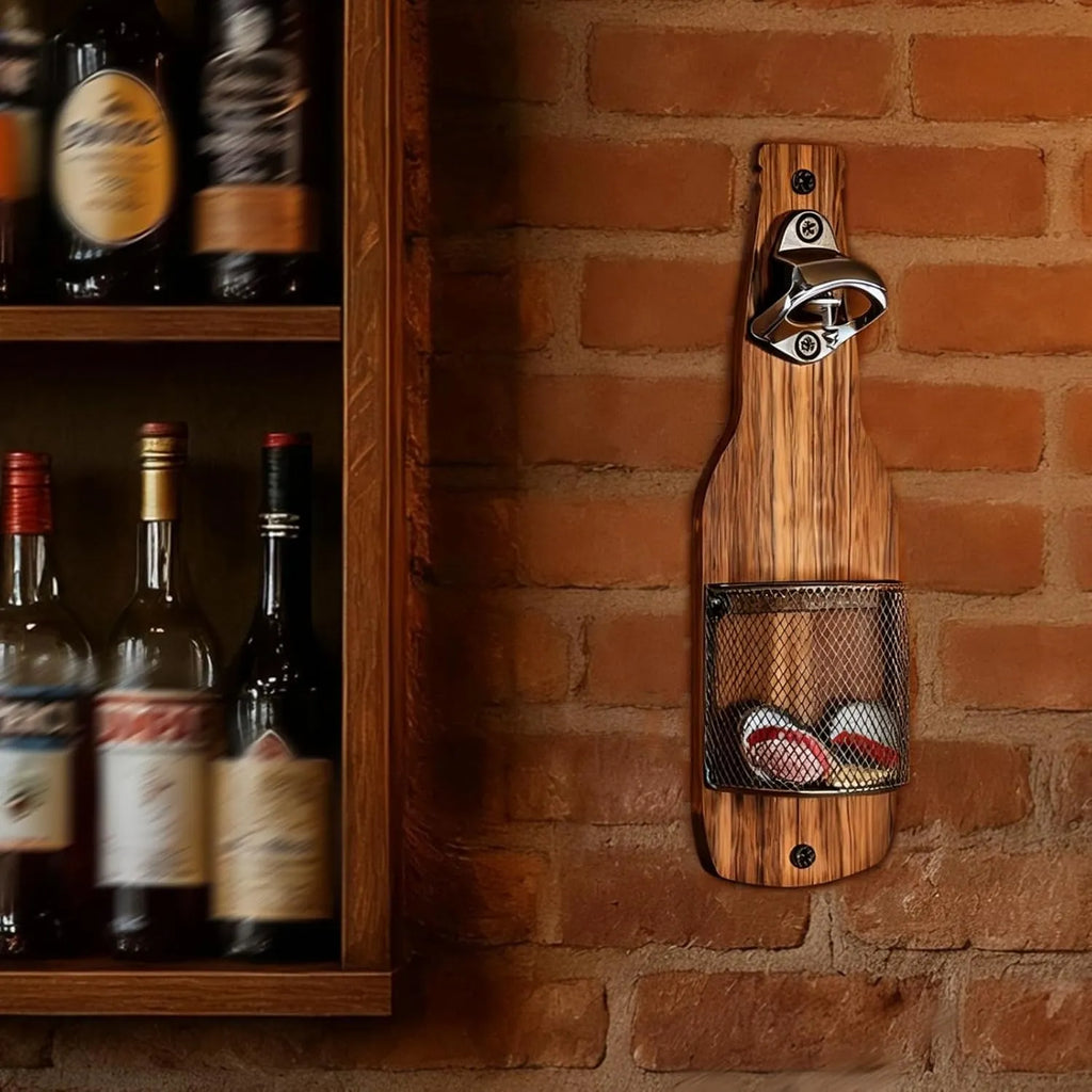 Rustic Wall-Mounted Bottle Opener with Cap Catcher