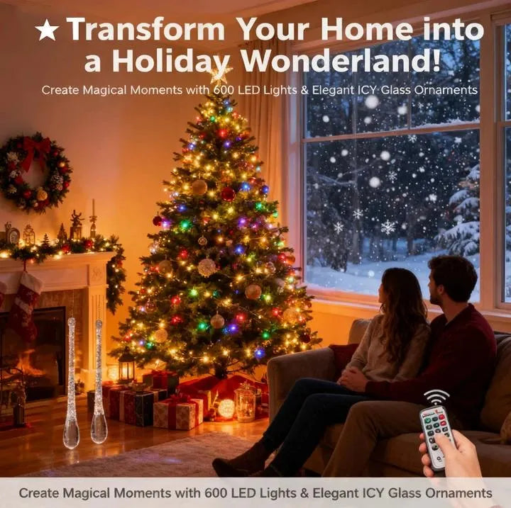 🎄 600 LED Christmas Fairy String Lights & ICY Glass Drop Ornaments