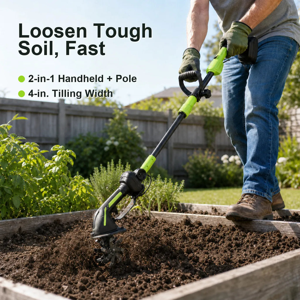 2-in-1 Cordless Tiller & Cultivator with Extension Pole