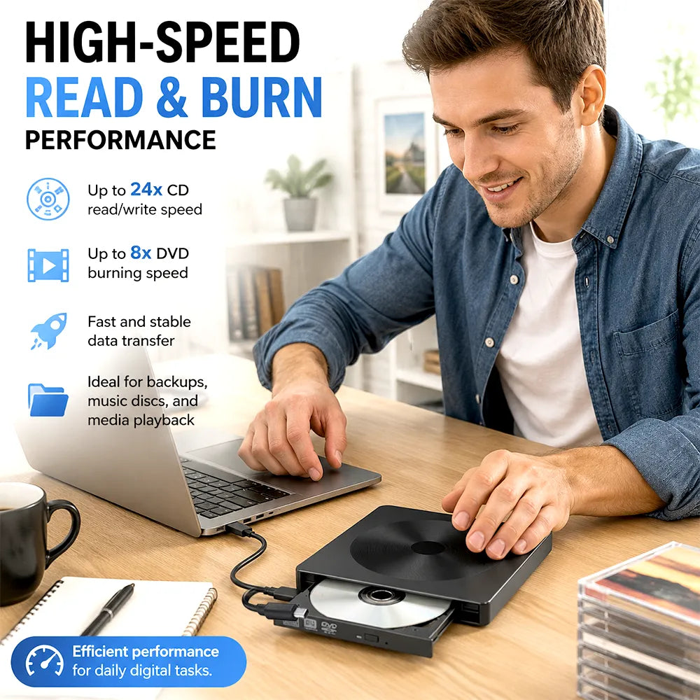 💿 External CD/DVD Drive – USB 3.0 & Type-C Portable Disc Reader/Burner