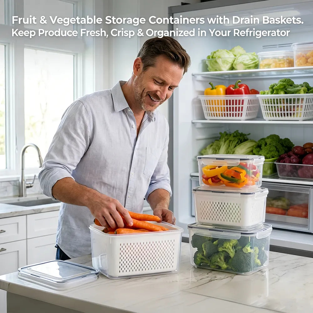 🥬 Fruit & Vegetable Storage Containers with Drain Baskets