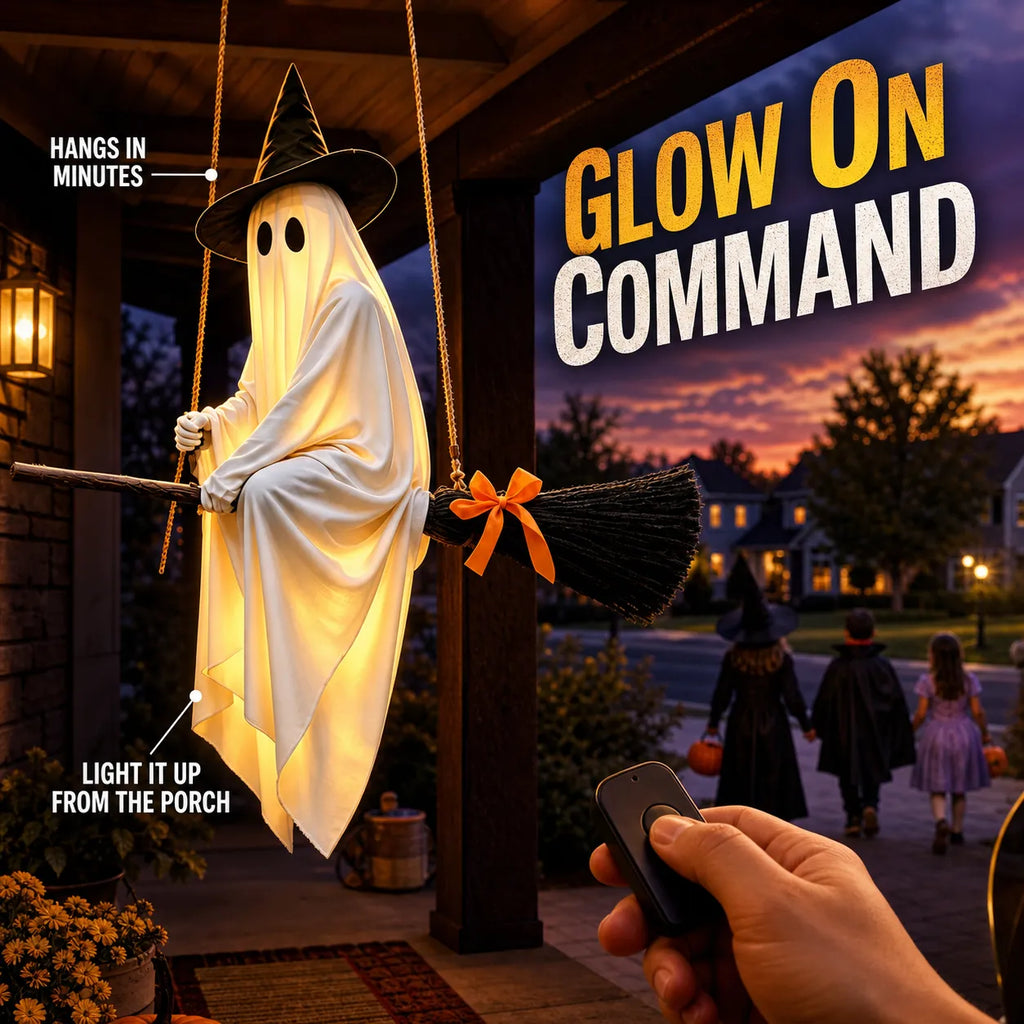 Light-Up Flying Broom Ghost Halloween Decoration