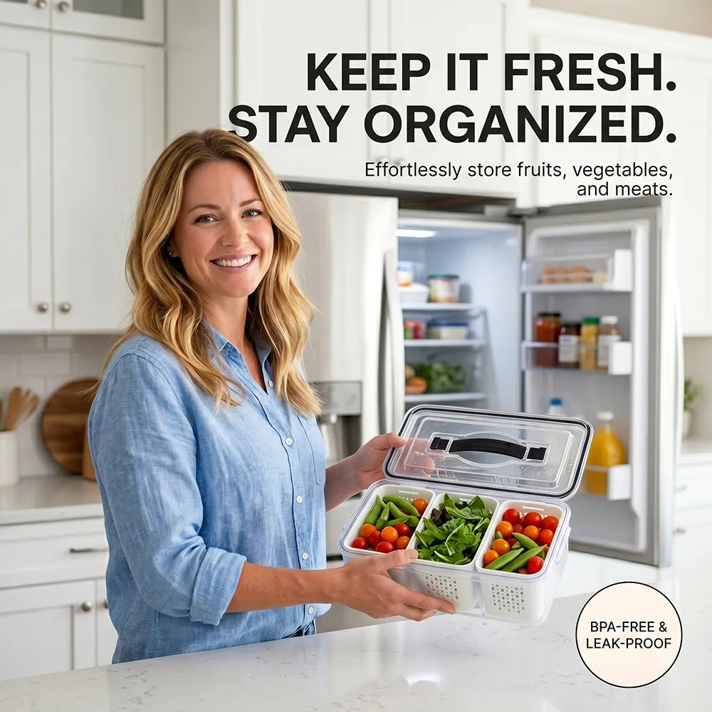 🥗 3-Compartment Refrigerator Crisper Container with Lid & Drain Basket