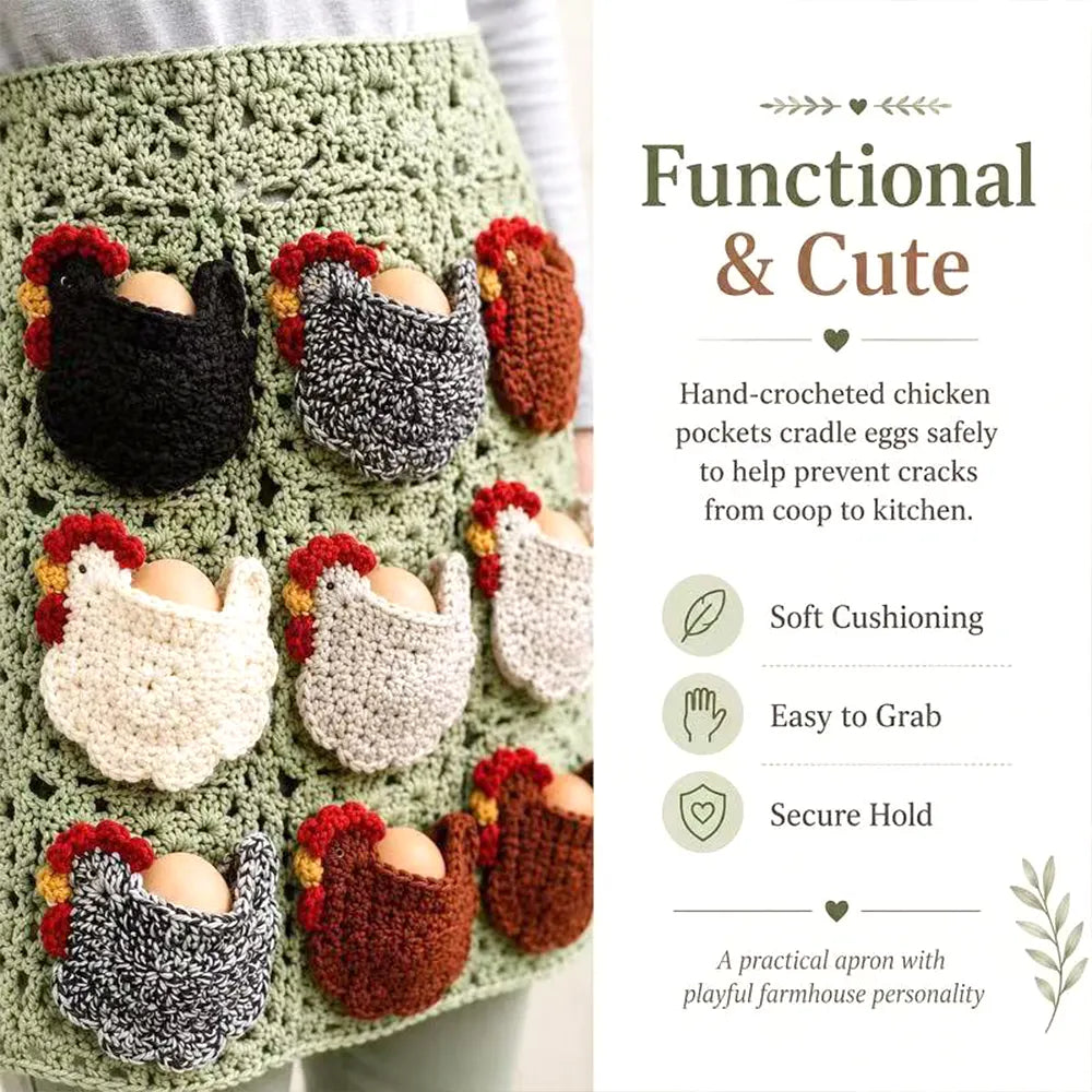 🐔 Crocheted Egg-Collecting Apron with Chicken Coop Pocket – Handmade Farm-Fresh Egg Helper