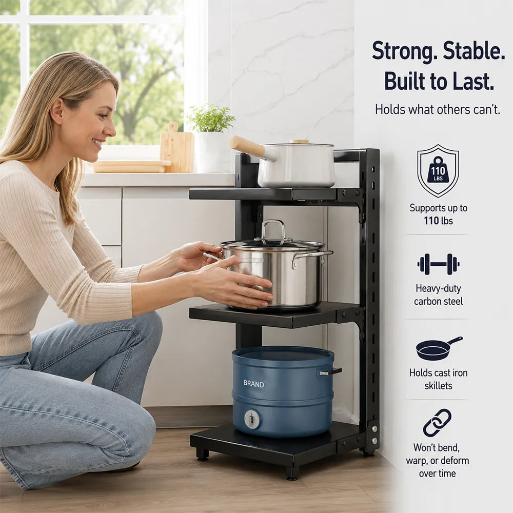 😃3-Tier & 5-Tier Carbon Steel Storage Rack for Pots, Pans, Lids & Cookware