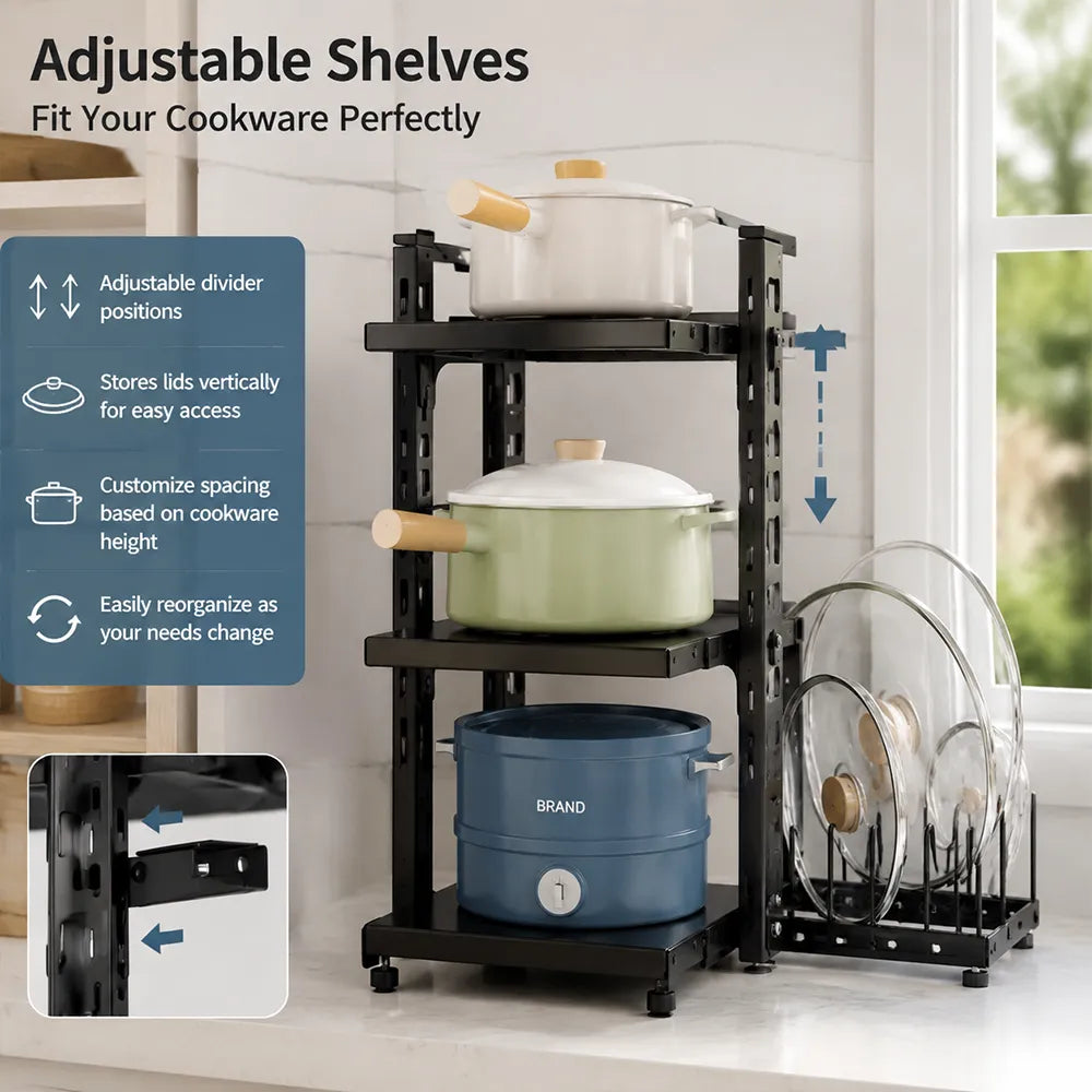 😃3-Tier & 5-Tier Carbon Steel Storage Rack for Pots, Pans, Lids & Cookware