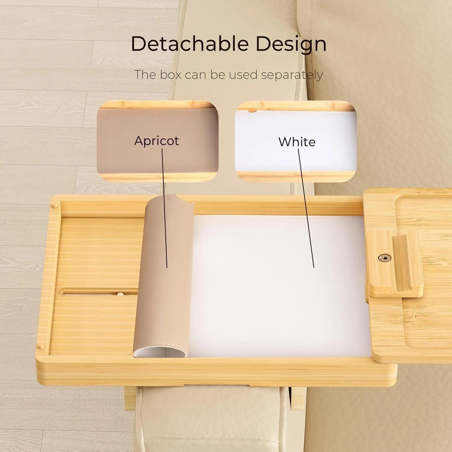 Adjustable Couch Armrest Tray Table with 360° Rotating Stand & Hidden Storage