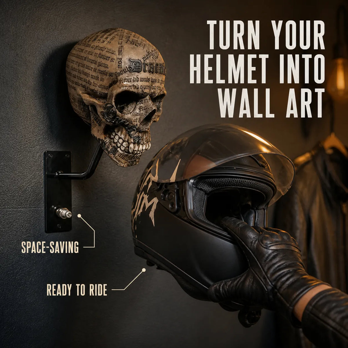 Antique script skull helmet display in a garage
