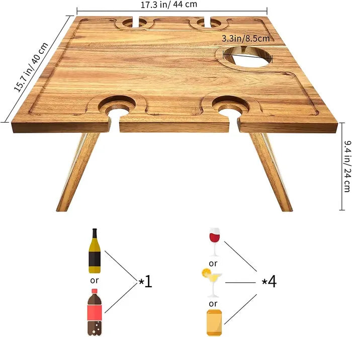 🍷 Portable Bamboo Picnic Table with Wine Glass Holders