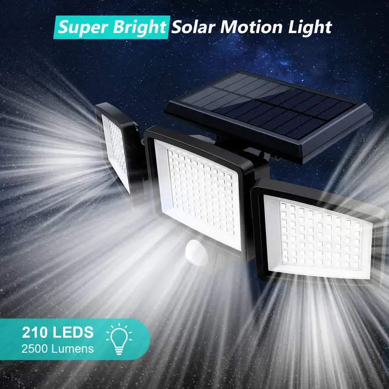 "Ultra-Bright 210 LED Solar Motion Sensor Light – 1000LM, 3 Adjustable Heads, Remote Control, IP44 Waterproof for Outdoor Security"