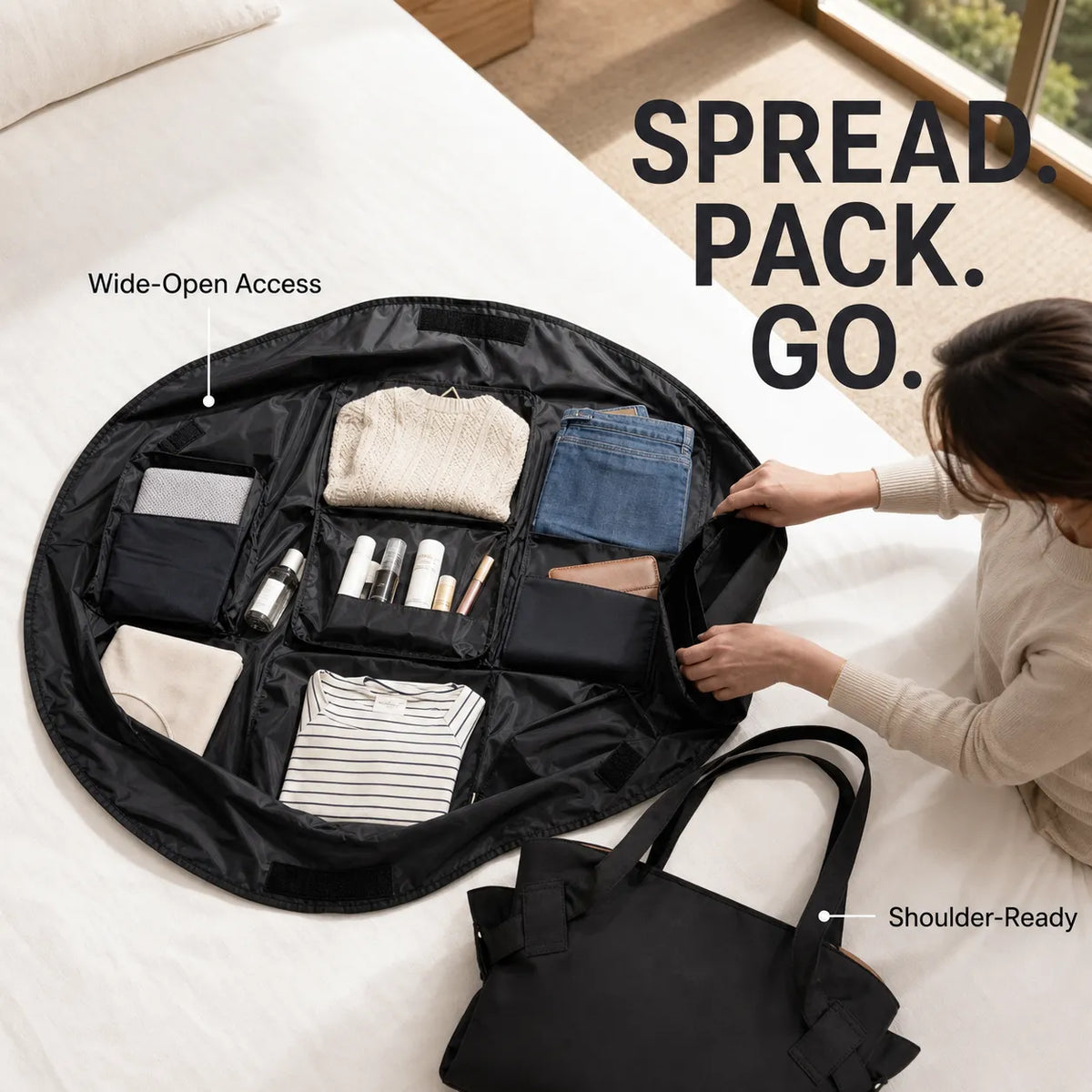 Black convertible tote spread open for organized travel packing
