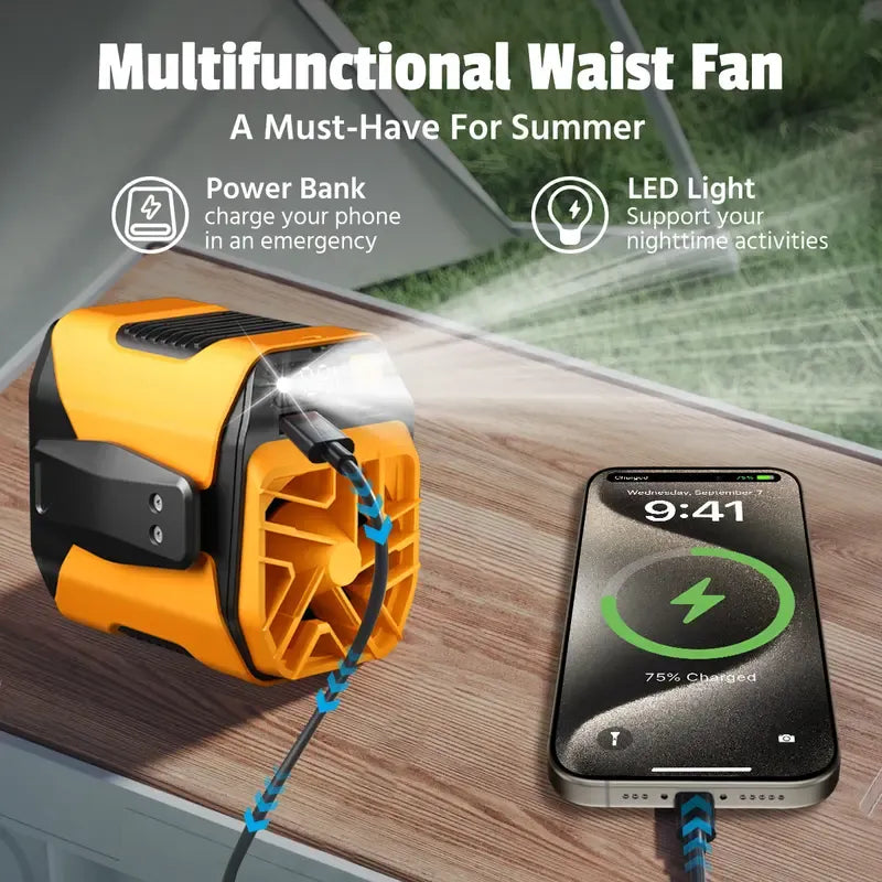 4-in-1 Wearable Waist Fan with Power Bank & LED Light – Hands-Free Cooling for Outdoor Work, Camping & Travel