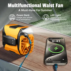 4-in-1 Wearable Waist Fan with Power Bank & LED Light – Hands-Free Cooling for Outdoor Work, Camping & Travel