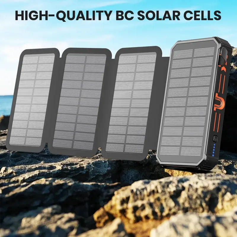 20000mAh Solar Power Bank with Foldable Panels, Wireless Charging & LED Flashlight