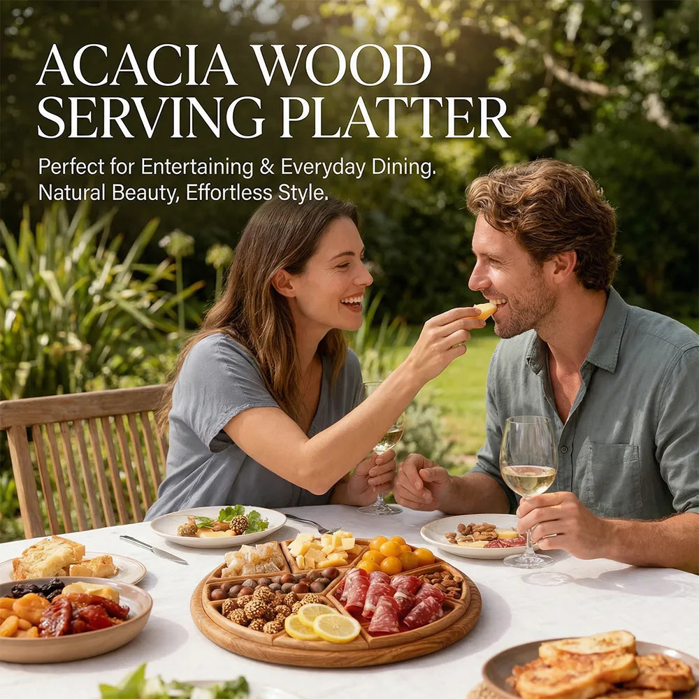 🌿 Divided Wooden Serving Tray with Removable Dividers