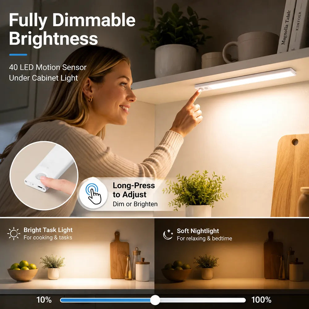 💡40 LED Motion Sensor Under Cabinet Light – USB Rechargeable Wireless Closet & Cabinet Lighting