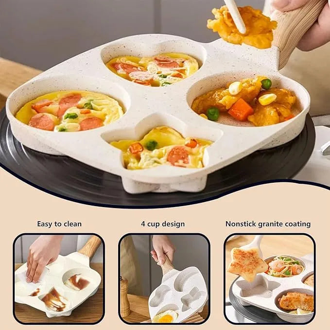 🍳 4-Hole Non-Stick Egg Frying Pan with Wooden Handle