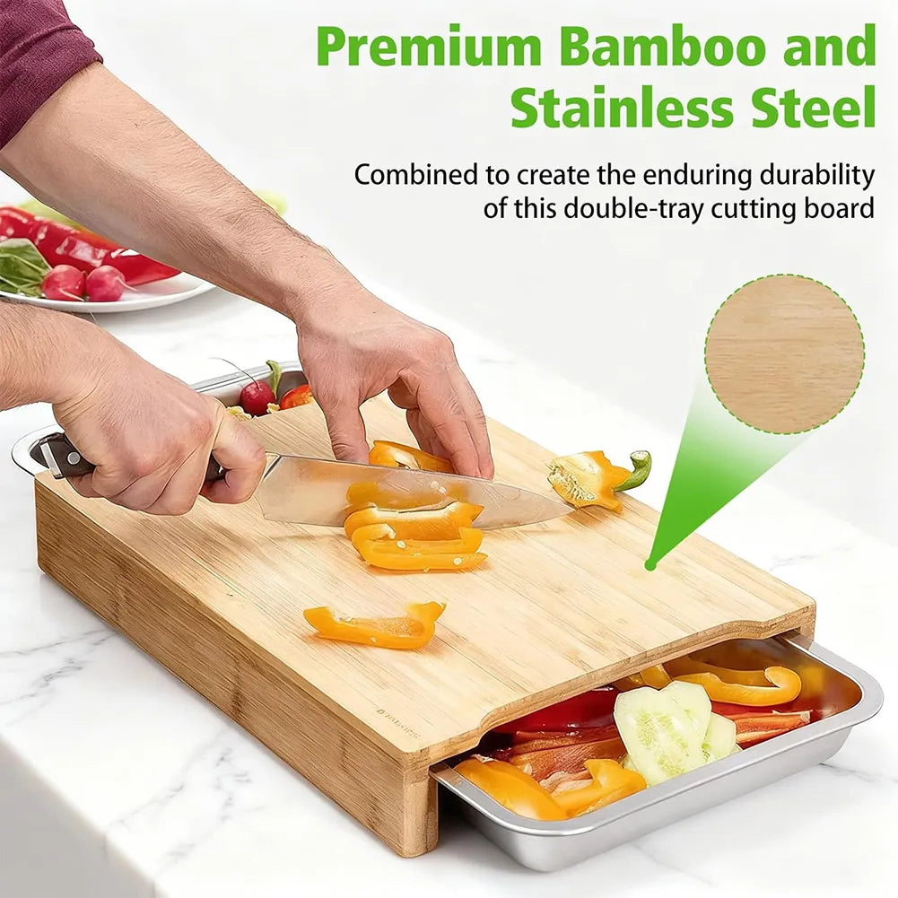 🌿 Organic Bamboo Cutting Board with Sliding Drawers