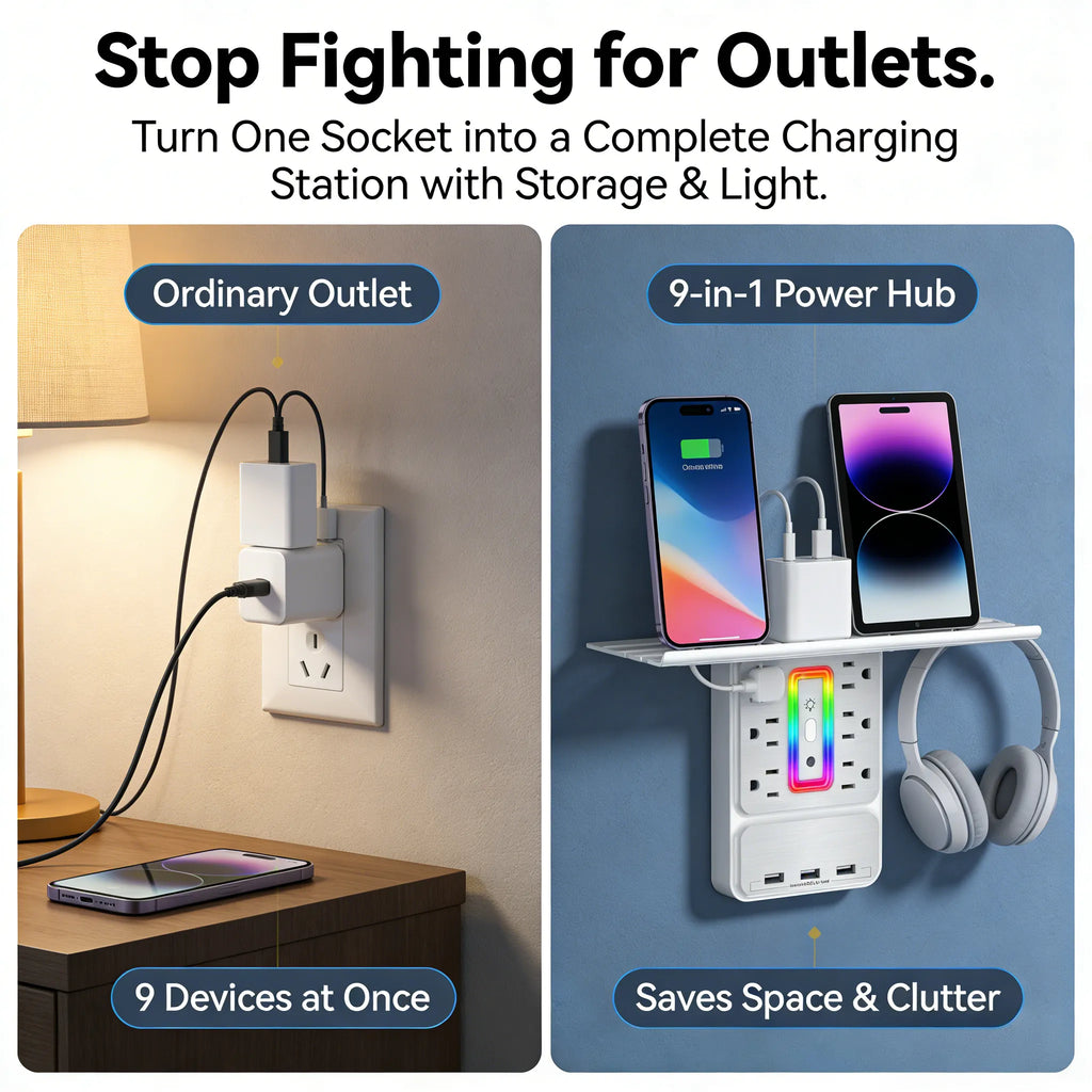 9-in-1 Outlet Extender with Shelf & Nightlight – The Ultimate Power Hub for Any Room 🔌✨