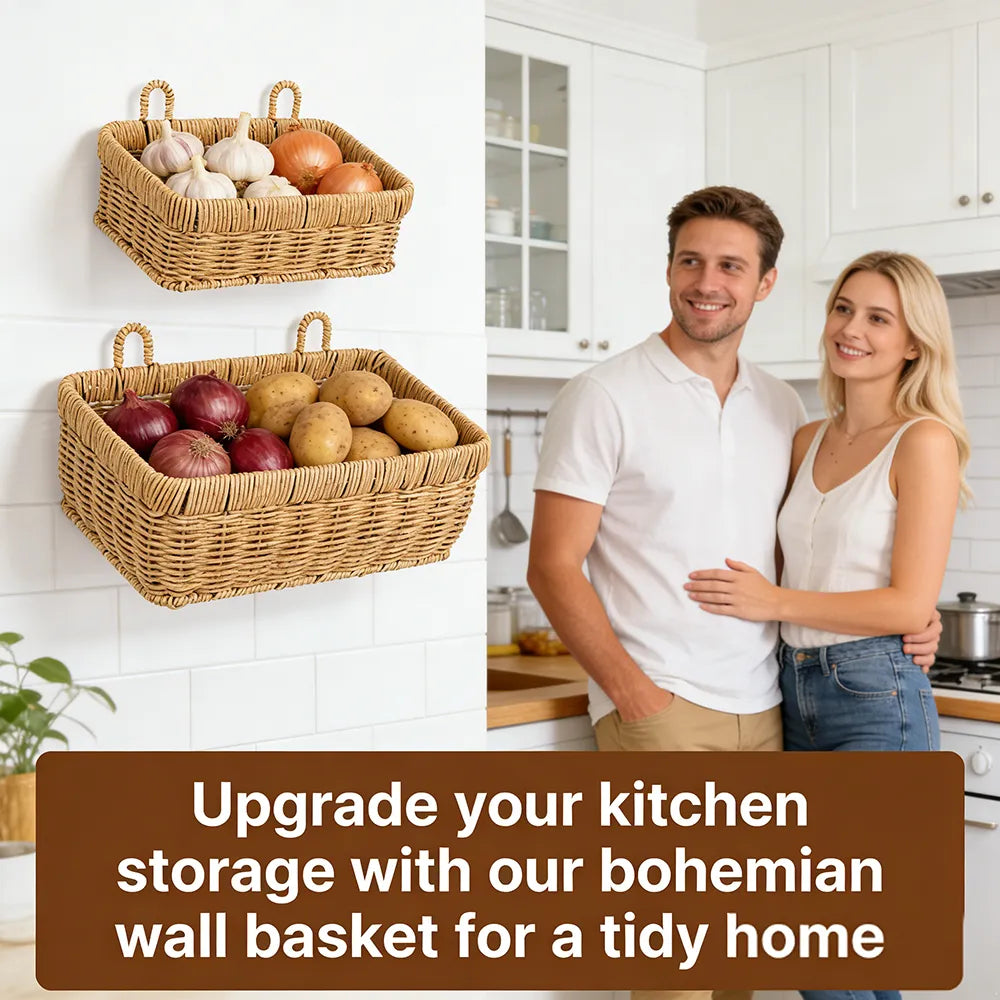 🌿 Bohemian Wall-Mounted Storage Basket – Imitation Rattan Design
