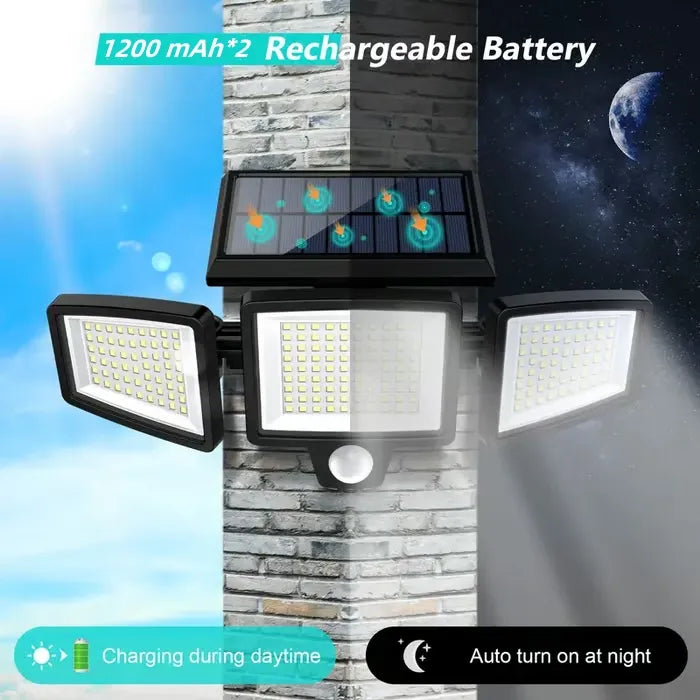 "Ultra-Bright 210 LED Solar Motion Sensor Light – 1000LM, 3 Adjustable Heads, Remote Control, IP44 Waterproof for Outdoor Security"