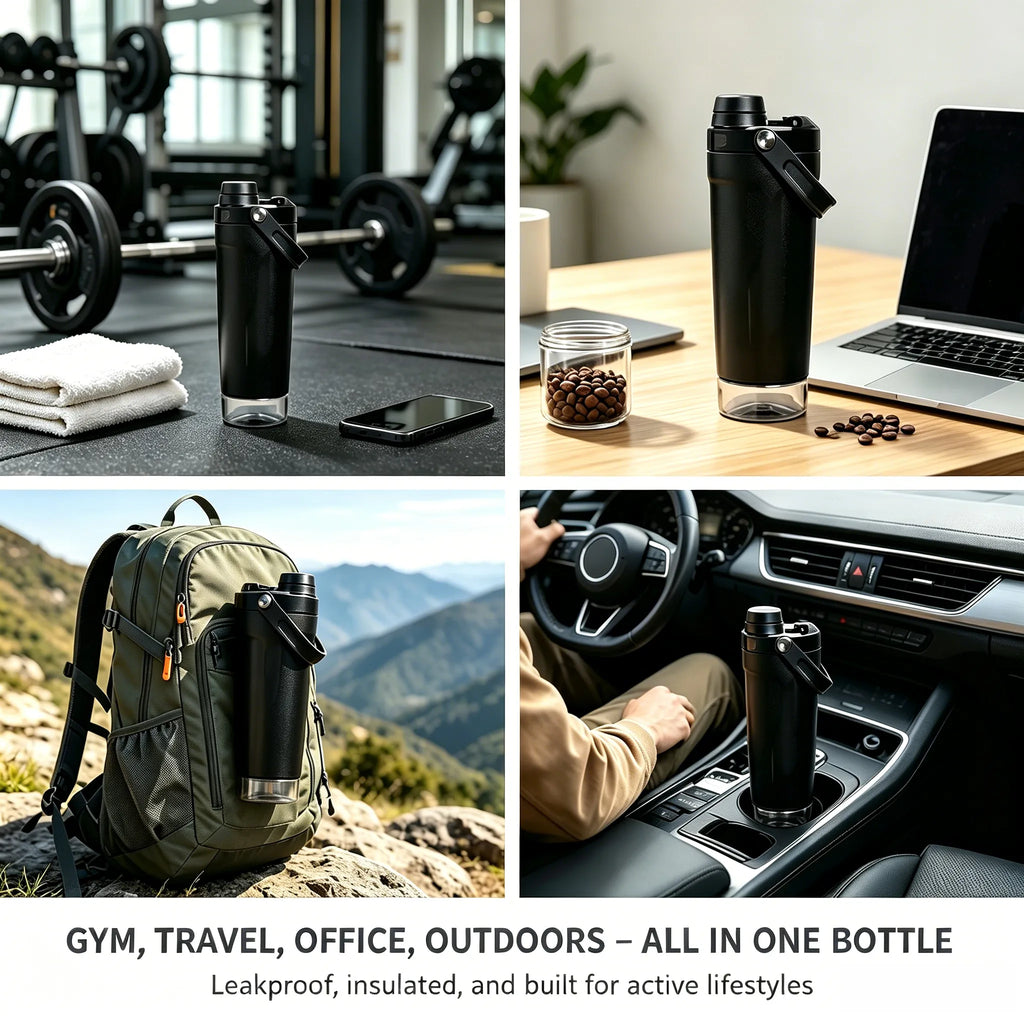 Shaker Cup – Double-insulated, keeps drinks cold for 8 hours – Comes with storage base and removable filter