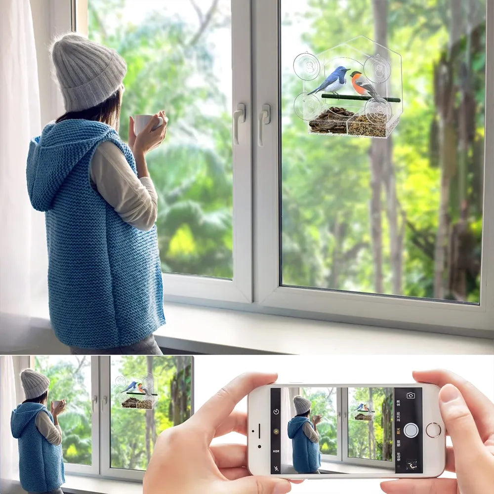 🐦 Acrylic Window Bird Feeder – Clear Bird House with Strong Suction Cups & Removable Seed Tray
