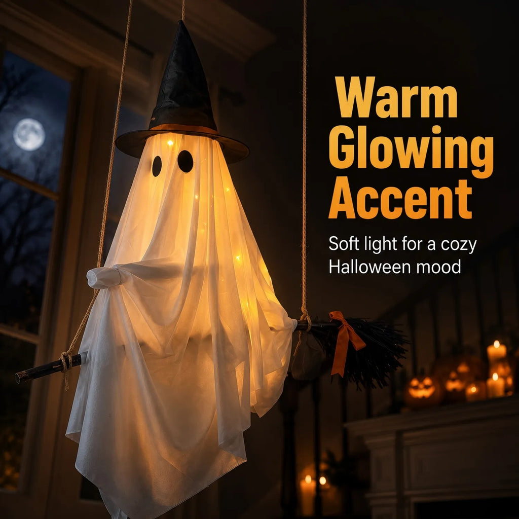 Light-Up Flying Broom Ghost Halloween Decoration