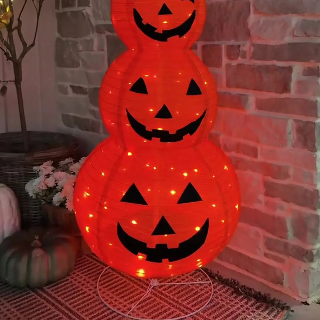 3-Tier Lighted Pumpkin Lantern Stack with Witch Hat