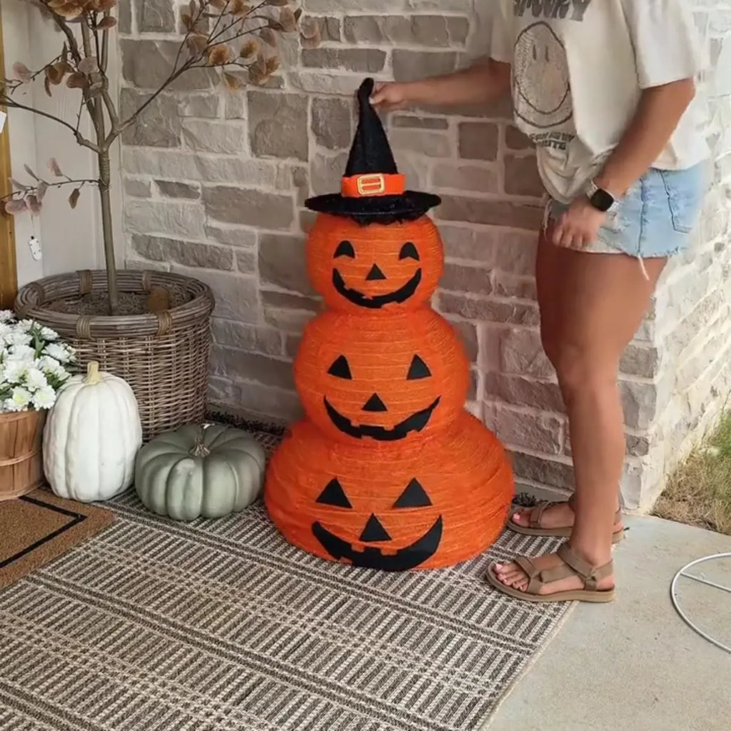 3-Tier Lighted Pumpkin Lantern Stack with Witch Hat