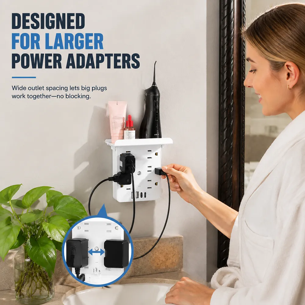 ⚡Multi-Functional Wall Outlet Extender with Shelf – 6 AC Outlets & 4 USB Charging Ports