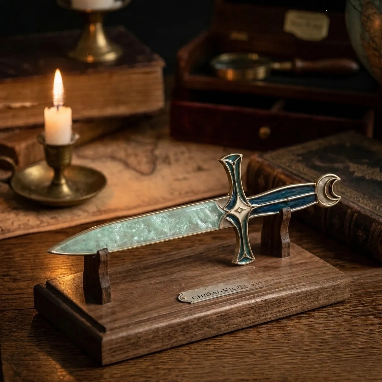 Mystic Green decorative potion athame dagger on a candlelit wooden display
