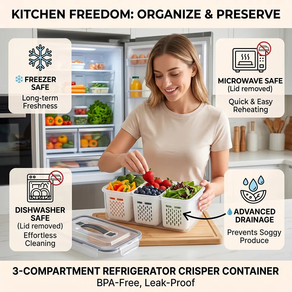 🥗 3-Compartment Refrigerator Crisper Container with Lid & Drain Basket