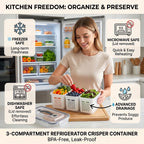 🥗 3-Compartment Refrigerator Crisper Container with Lid & Drain Basket