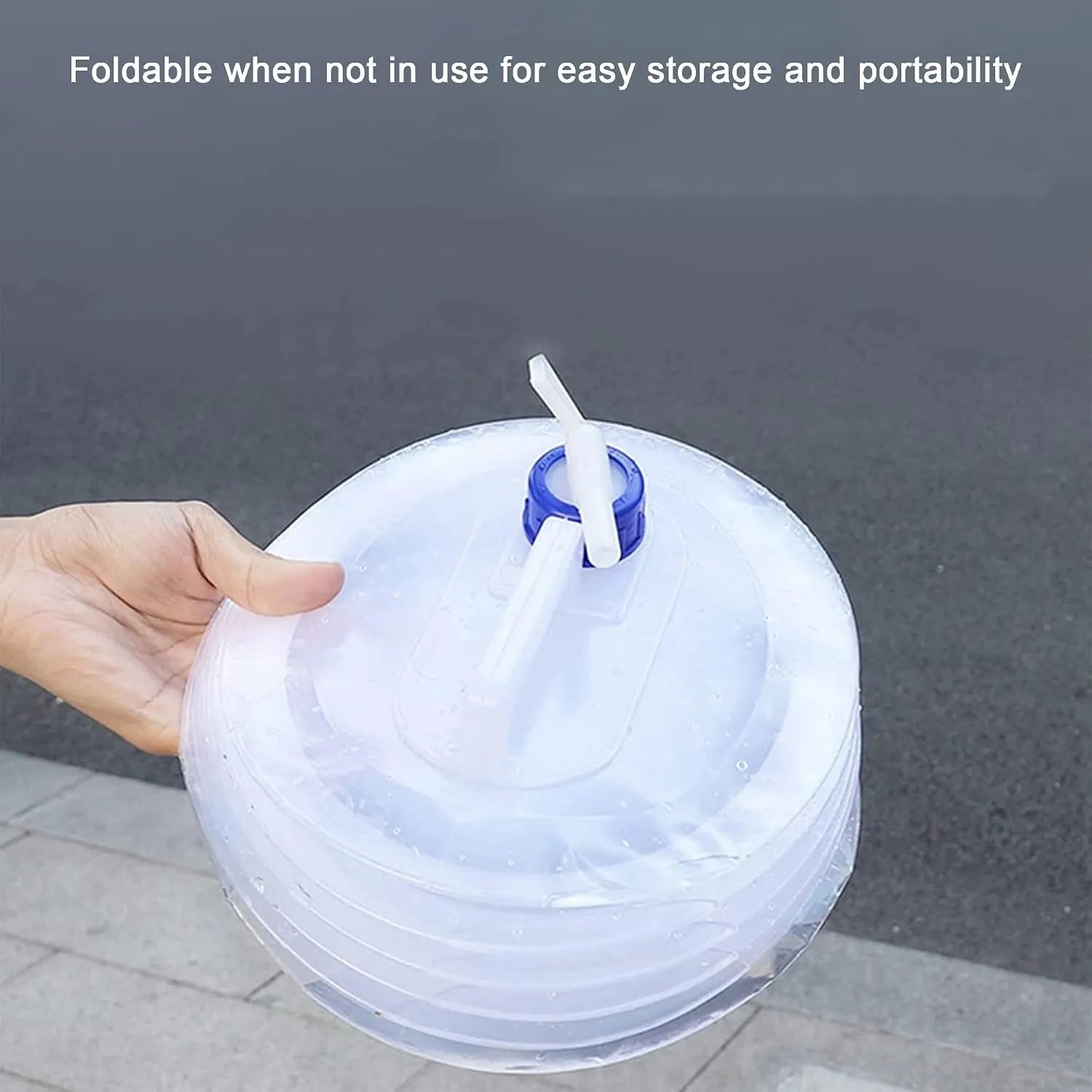Collapsible water container pressed flat for storage