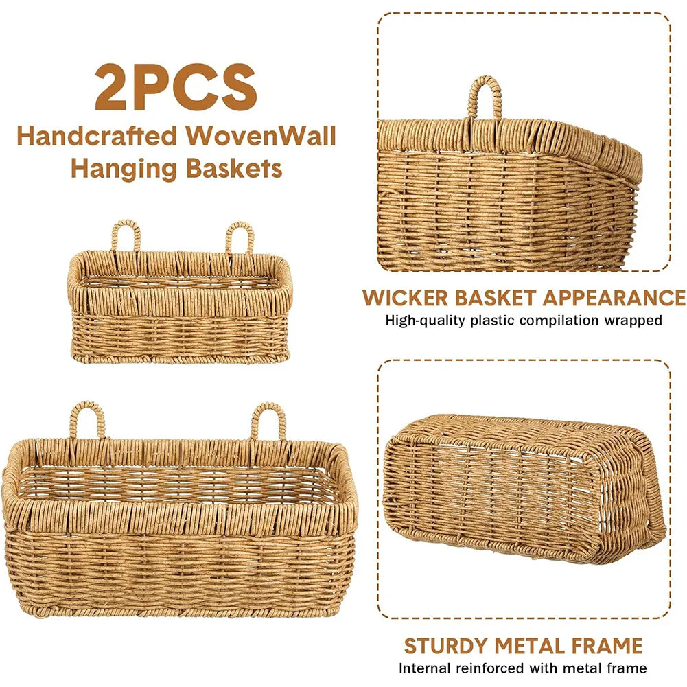 🌿 Bohemian Wall-Mounted Storage Basket – Imitation Rattan Design