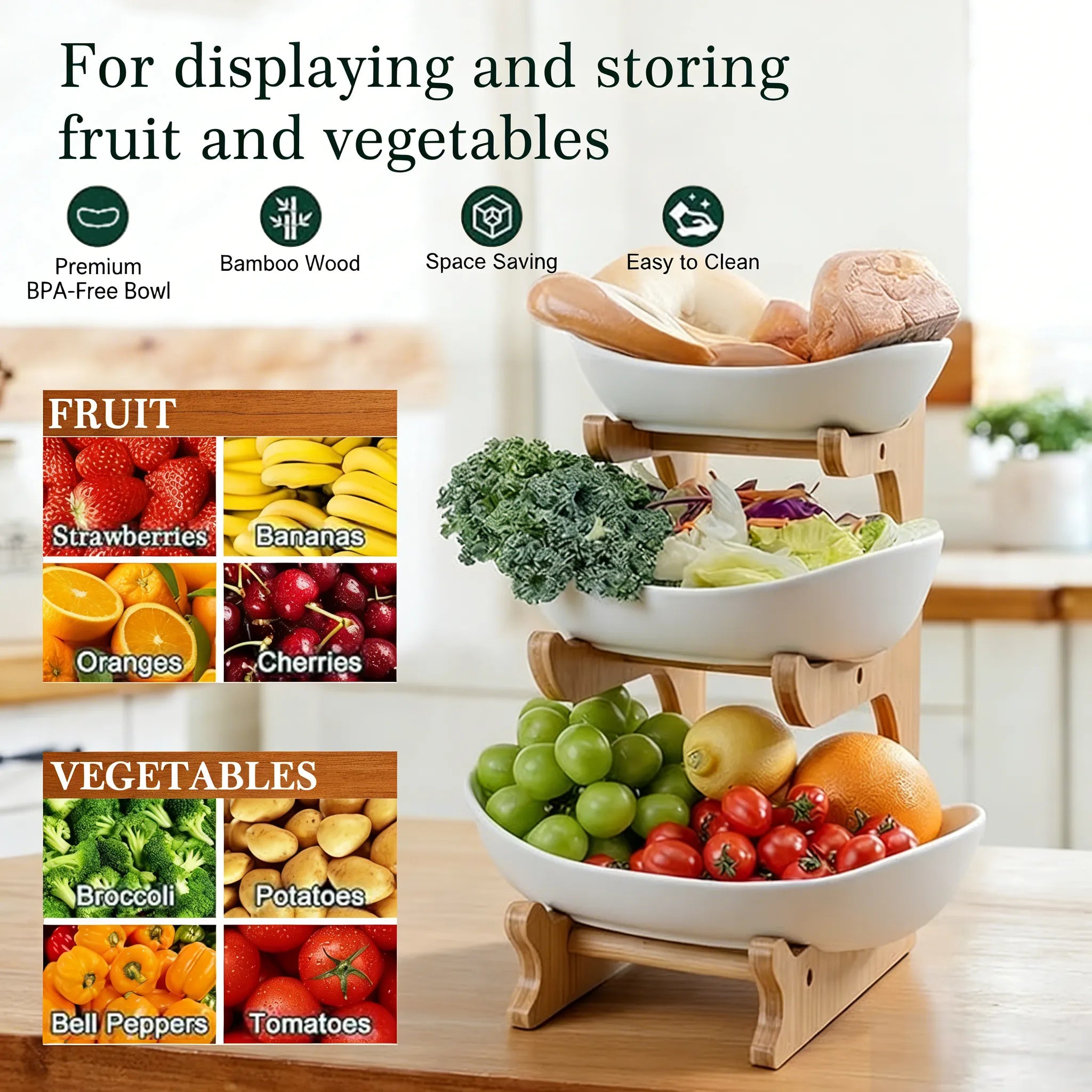🍓2-Tier / 3-Tier Vertical Fruit Storage Rack (Includes Stand）: Easy Access & More Space for Your Kitchen